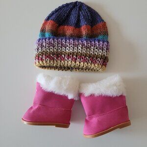 New Pink Suede Boots and Wool Handknit Toque For 18 Inch Dolls